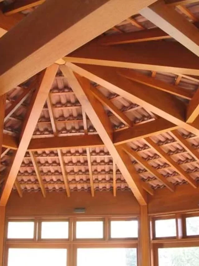 Foto de um telhado por dentro com lindas madeiras expostas