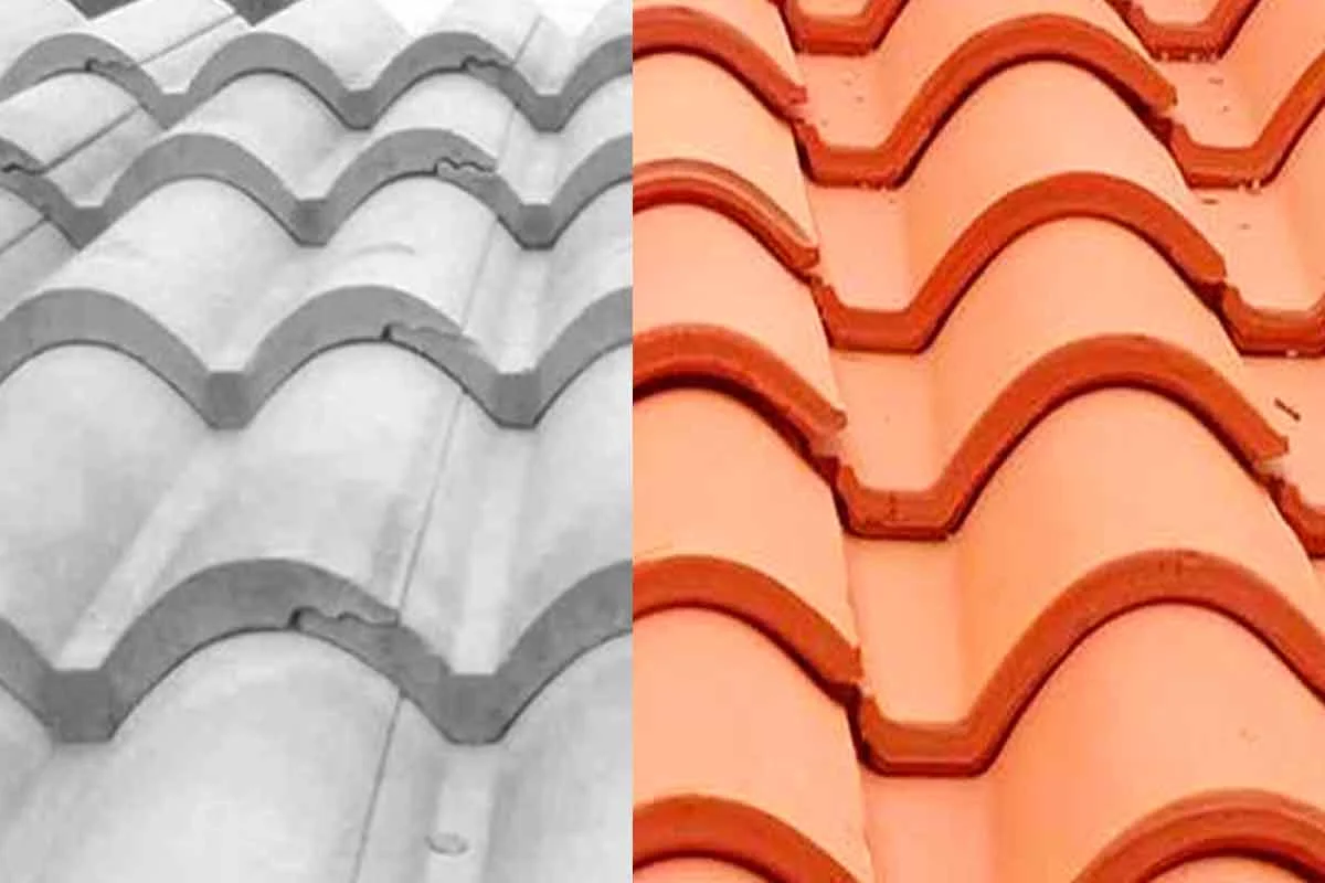 Imagem montagem com um telhado de concreto do lado esquerdo e um telhado de barro ou cerâmica do lado direito.