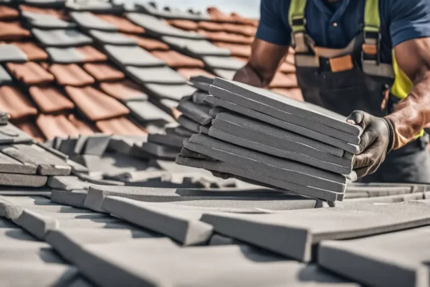 Trabalhador segurando telha de cimento cinza, com pilhas de telhas de cimento coloridas ao redor e uma casa em construção ao fundo.