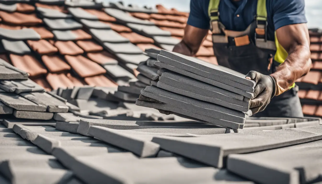 Trabalhador segurando telha de cimento cinza, com pilhas de telhas de cimento coloridas ao redor e uma casa em construção ao fundo.