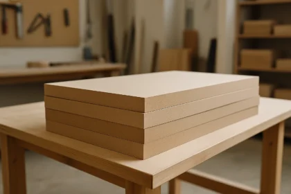Imagem de um ambiente de marcenaria moderno e organizado, com chapas de MDF 15mm empilhadas em primeiro plano, iluminação natural suave, tons neutros, estilo fotográfico limpo, foco nos painéis de madeira, fundo desfocado.