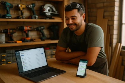 Marceneiro em oficina usando notebook com CRM e celular com chatbot no WhatsApp para organizar vendas.