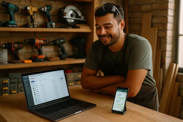 Marceneiro em oficina usando notebook com CRM e celular com chatbot no WhatsApp para organizar vendas.